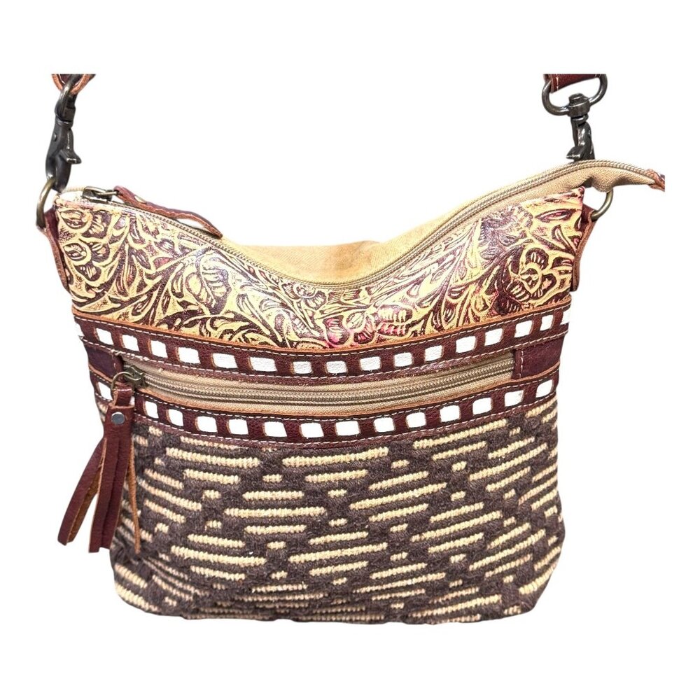 Myra Bag Embossed Leather & Woven Canvas Crossbody Purse Adjustable Strap READ